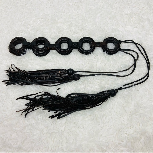 Accessories - Dark brown faux leather circle tassel tie hippie Y2K belt